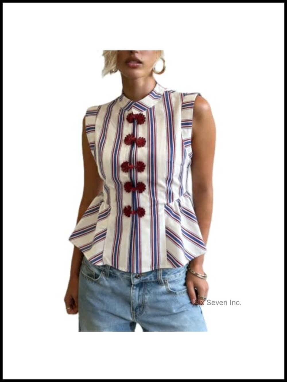 Striped Peplum Tank Top Mock Neck Frog Button Sleeveless Blouse